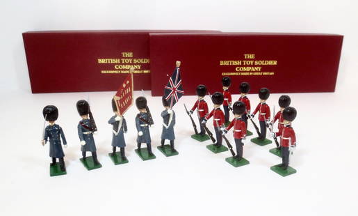 British Toy Soldier Company Scots Guards Sets: Rifles to the Ground set #5, and Colour Party #9. 13 pieces. Mint condition. Boxes excellent.