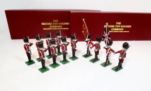 British Toy Soldier Company Scots Guards Sets: At Present Arms set #7, and Colour Party Marching #6. 12 pieces. Mint condition. Box excellent. Mint condition. Boxes excellent.