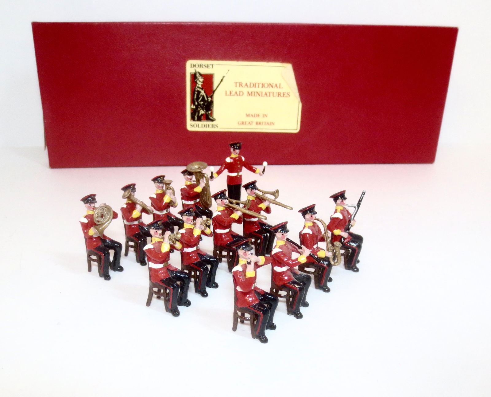 Dorset British Territorials Band: 13 pieces (missing bass drum). Box good.