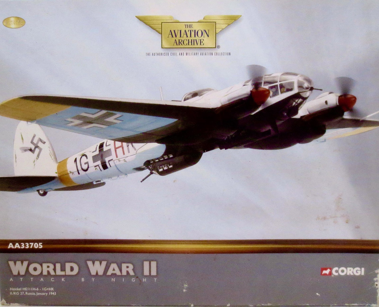 Corgi Aviation Archive #AA33705: World War Two German Heinkel in Russia, 1943. 1:72 scale. Mint condition. Box very good (some shelf wear).