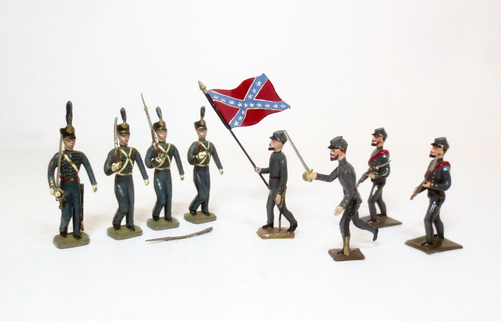 Mignot West Point Cadets & Confederate Infantry: 8 pieces. Excellent to good condition (one broken rifle). Unboxed.