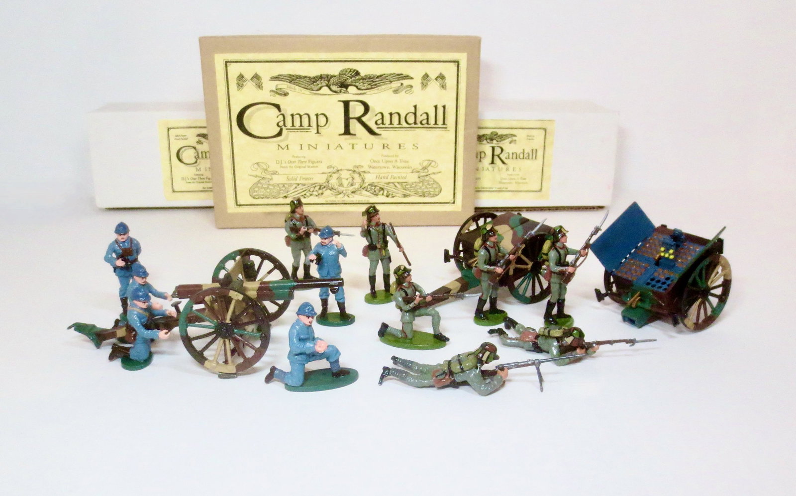 Camp Randall Sets: French 75mm Field Gun Team, Caissons Open & Closed, and German Infantry Squad. 15 pieces. Mint to near mint condition. Boxes excellent.
