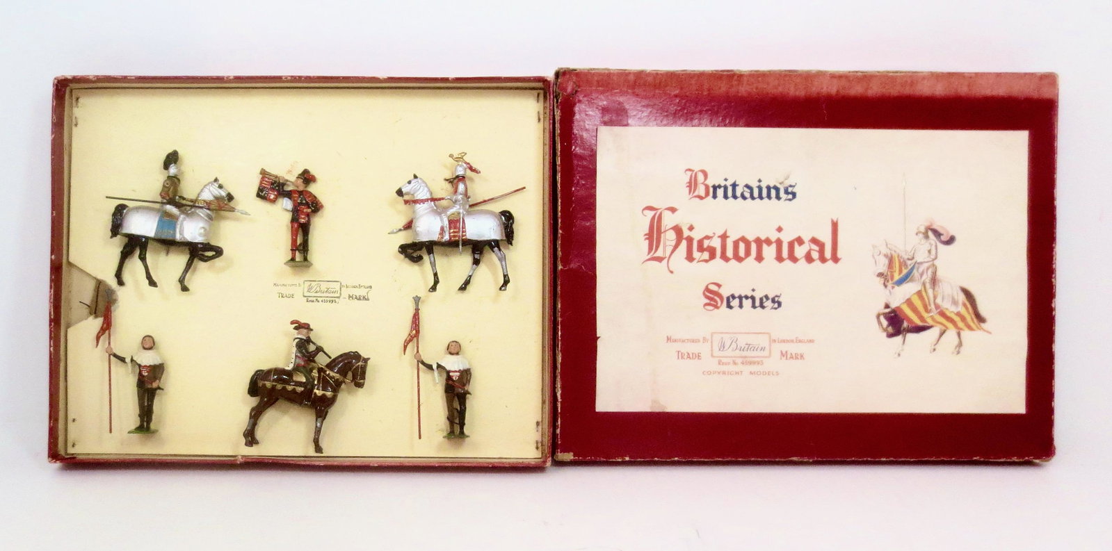 Britains #1258 13th Century Knights: Post war issue. 6 pieces. Mint condition, tied to card in box. Box fair with water stans, splits, tears and repairs.