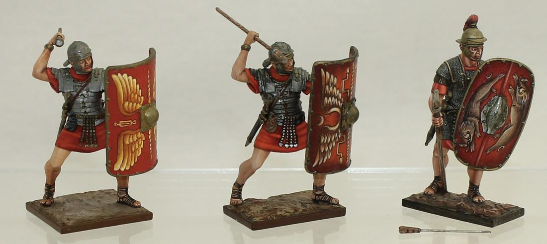 Arsenyev Studio Lot Legionaires with Pilums: Lot includes 2 Legionaires Throwing Pilums with R024 on Bottom of Both Bases and Legionaire in Chain Mail Armor with R014 on Bottom of Base. 3 Pieces. Condition Good. All Pilums Damaged. No Box.