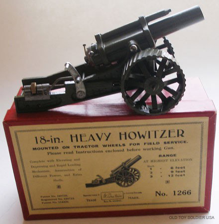 Britains Set # 1266 18 Inch Heavy Howitzer - Box: Britains Set # 1266. 18 Inch Heavy Howitzer - Khaki-on Tractor Wheels with Original Illustrated Box and complete with Shells and Casing.