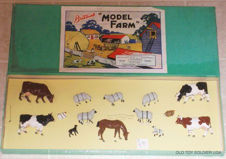 Britains Farm #120F Farm Display - Box: Britains Farm #120F Farm Display Post War. Cattle Sheep and Poultry 14 Pieces Tied in Original Illustrated Box.