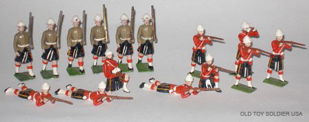 Britains Set # 2025 & from #114 Cameron Highlander: Britains Set # 2025 Cameron Highlanders Firing with Officer, 9 and From Set 114 Cameron Highlanders Marching, 6. Post War. Unboxed. 15 Pieces.