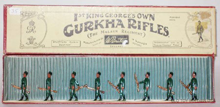 Britains Set # 197 Gurkha Rifles - Box: Britains Set # 197 1st King George's Gurkha Rifles with Original Whisstock Box and inner retaining Card- Pre War. 8 Pieces.