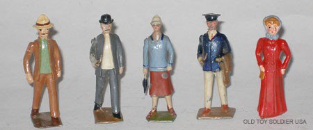Britains From Set 168 SCARCE Civilians.: Britains From Set 168 SCARCE Civilians. Lady In Long Red Coat, Man in Panama Hat, Yachtsman, Flapper and Man walking with Pipe. 5 Pieces. Pre War.