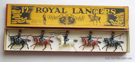 Britains Set # 128. 12th Royal Lancers - Box: Britains Set # 128. 12th Royal Lancers with Slung Lances and Bugler Tied in a RARE Illustrated Battle Honours Box. Pre War 5 Pieces.