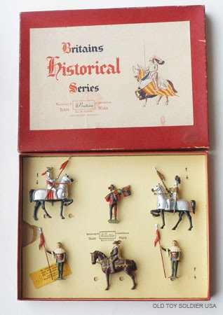 Britains Set # 1258 Tournament Knights - Box: Britains Set # 1258 Tournament Knights with Herald Marshal and Squires in Original Historical Series Box - Untied. Post War. 6 Pieces.