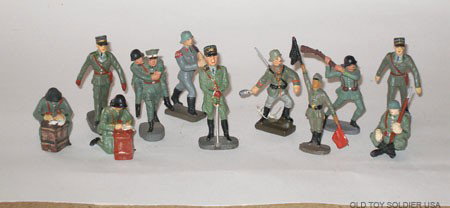 2 Elastolin and Lineol Composition figures: 2 Elastolin and Lineol Composition. German WW2 Troops, Senior Officer, Medic carrying Wounded, Signal Flag Engineer, Bandsman and other. Pre War. Unboxed.