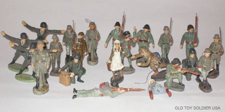 8 Elastolin and Lineol Composition German, British: 8 Elastolin and Lineol Composition German and British World War Two in Action and Marching, an Elastolin Nurse and various other figures - Unboxed.