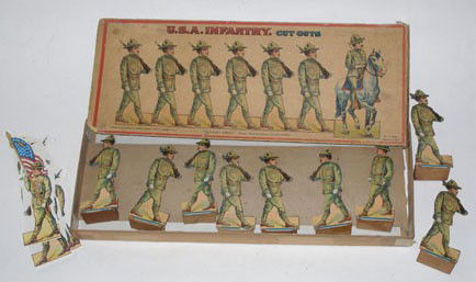 Gabriel and Sons Paper Soldiers - Box: Gabriel and Sons Paper Soldiers with Original Box. World War 1 U.S. Troops some with wooden stands and other paper copies,