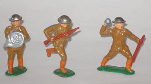 Barclay Dimestores. B79, B74, B39: Barclay Dimestores. B79, B74, B39. French Horn Bandsman, Charging, Grenade Thrower, 3 Pieces.