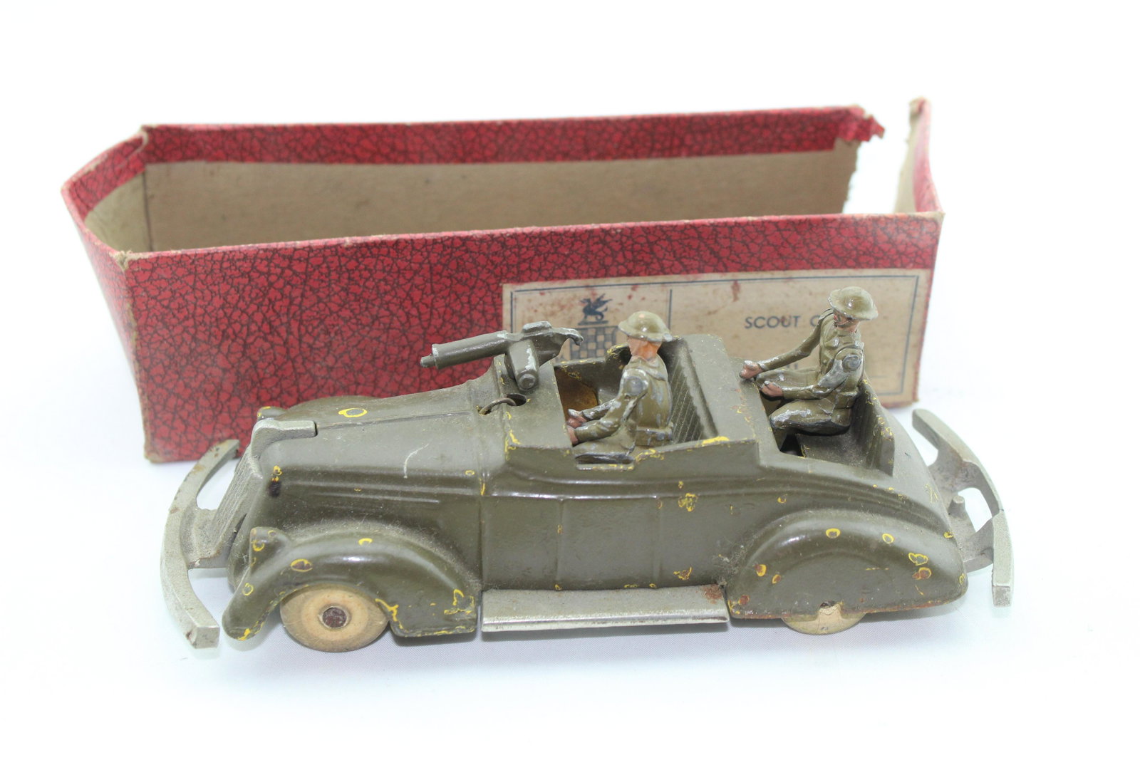 Warren Lines U.S. Scout Car: Three pieces, G, with machine gun, with box bottom, P/F, torn end.