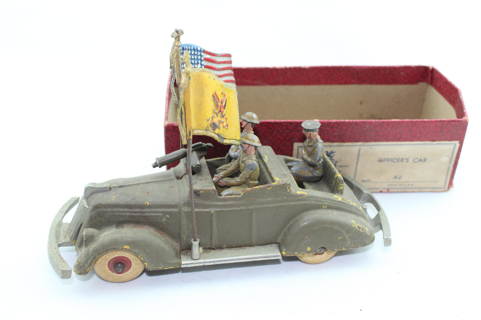 Warren Lines Officer's Car: Six pieces, with machine gun, 2 flags, VG, some paint loss to car, box bottom, F/G.