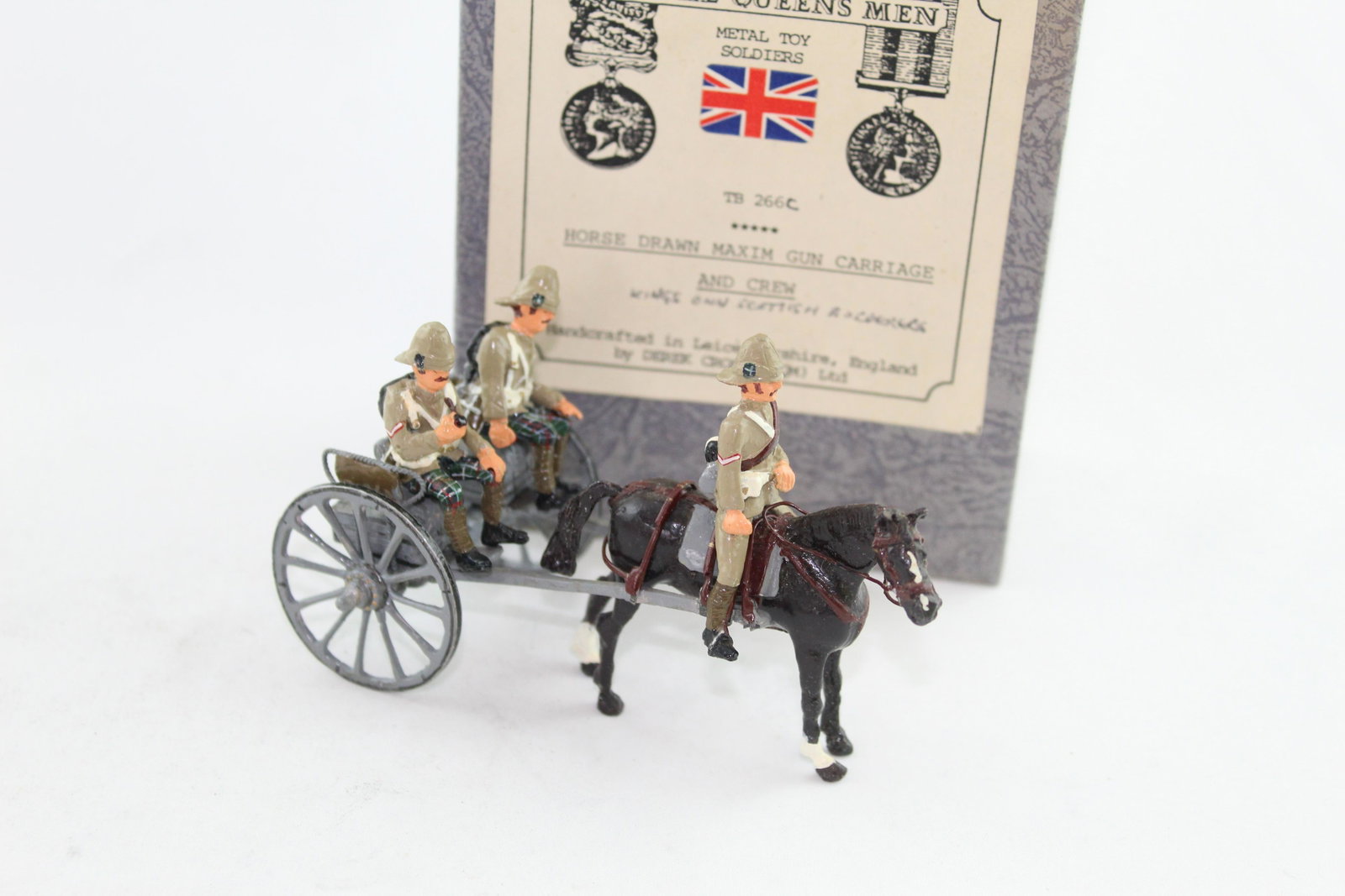 AQM Horse-drawn Maxim Gun Carriage: Five-pc set, 54 mm, in Excellent/Mint condition, 3 figures, gun carriage, horse with separate tail to allow carriage harness to fit over, E in box E.