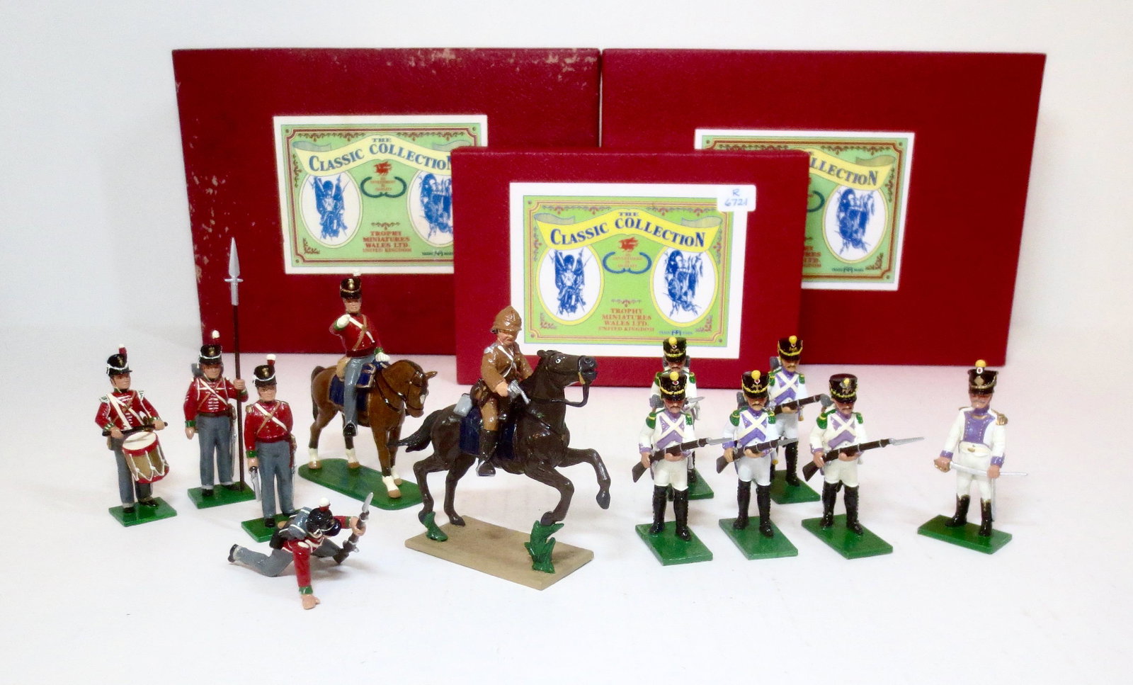 Trophy Miniatures Selection: Napoleonic Wars British Command Set #WA2A, 33rd Line Infantry Voltigeur Company #WA49, and Mounted Young Winston Churchill firing pistol at Omdurman Sudan 1898. 12 pieces. Mint to near mint condition.
