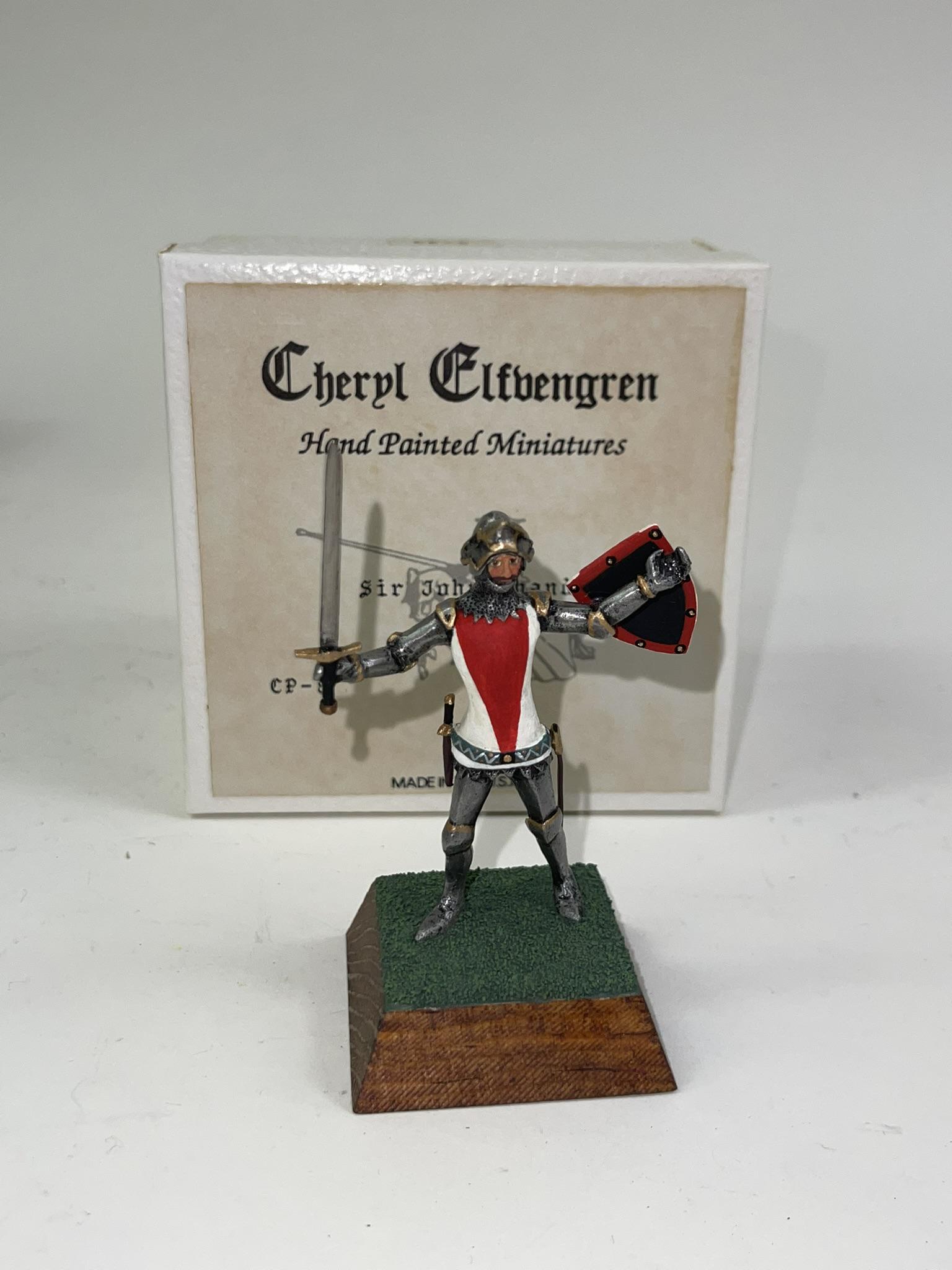 Elfvengren Knight CP-8 Sir John Chandos: 1 piece 54mm figure mint in original box. Expertly hand-painted by Cheryl Elfvengren. Hand signed and dated on the base "1998".