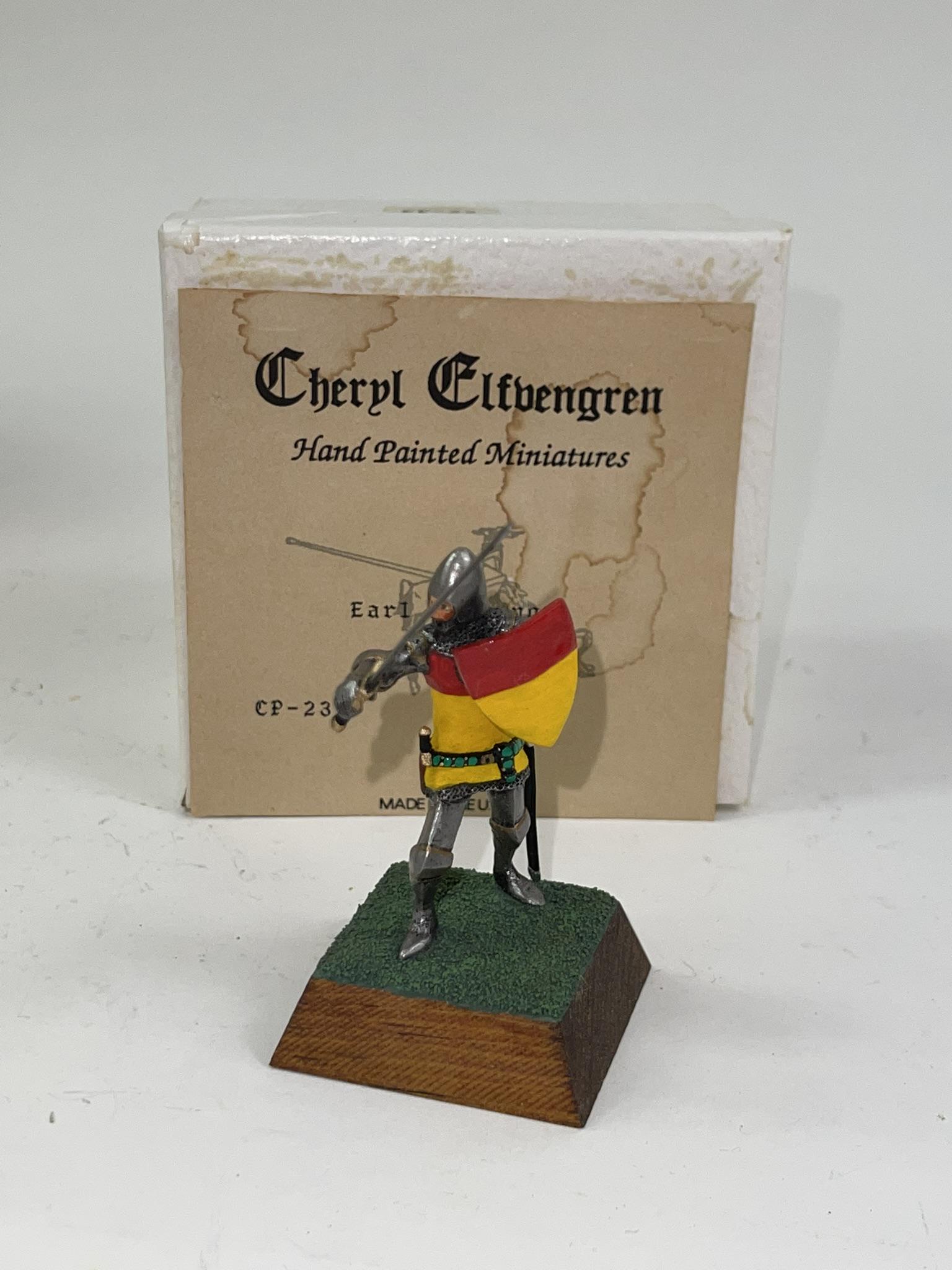Elfvengren Knight CP-23 Earl of Aunoy: 1 piece 54mm figure mint in original box. Expertly hand-painted by Cheryl Elfvengren. Hand signed and dated on the base "1998".