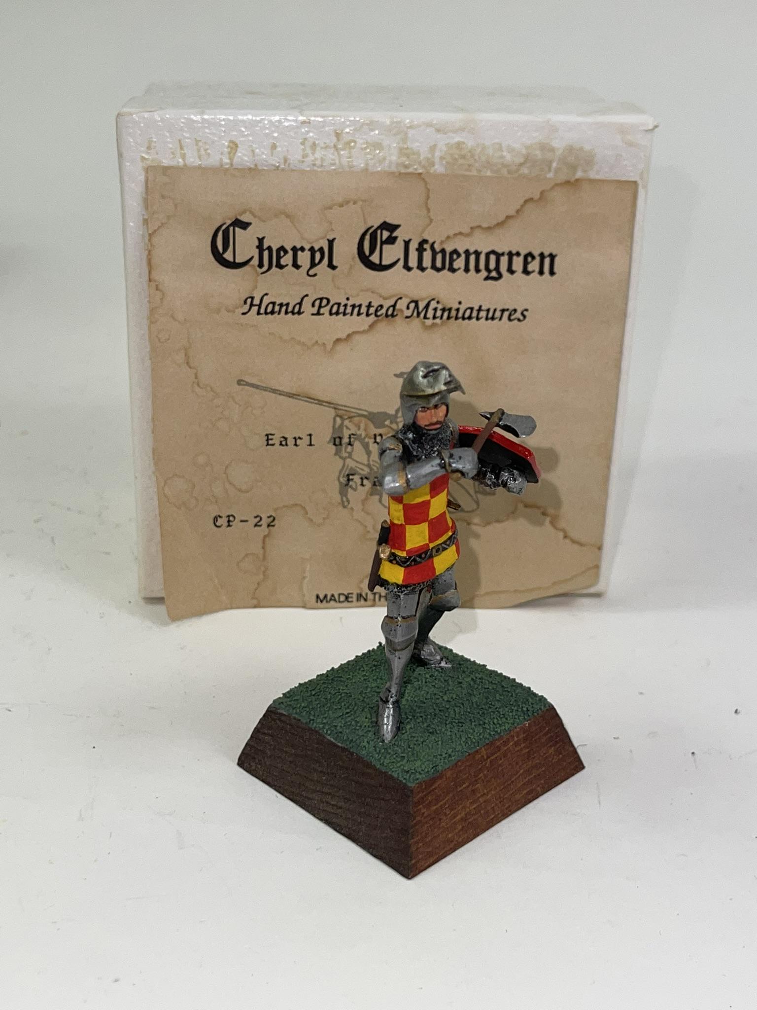 Elfvengren Knight CP-22 Earl of Ventadour: 1 piece 54mm figure mint in original box. Expertly hand-painted by Cheryl Elfvengren. Hand signed and dated on the base "1998".