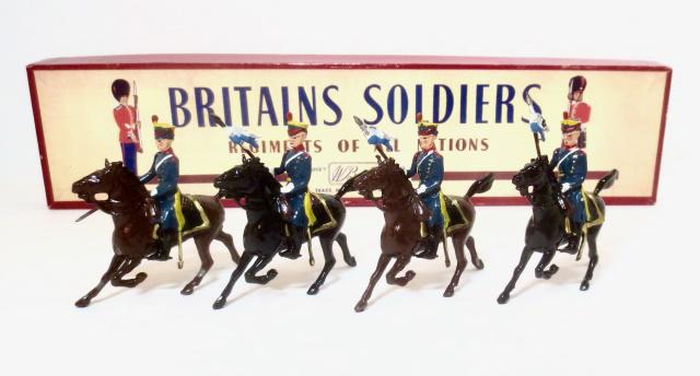 Britains #217 Argentine Horse Grenadiers: Full Dress. Post war issue. 4 pieces. Mint to near mint condition. Box excellent.