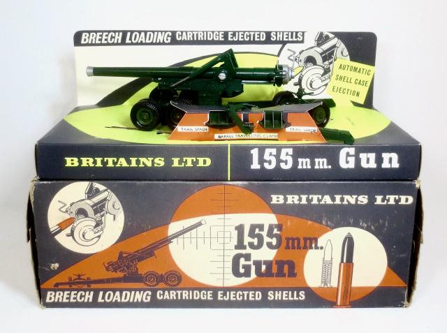 Britains #9745 155mm Gun: Post war issue. Near mint to excellent condition (3 shells left). Box poor (holes and tears on the top). **Additional shipping charge due to large lot size**
