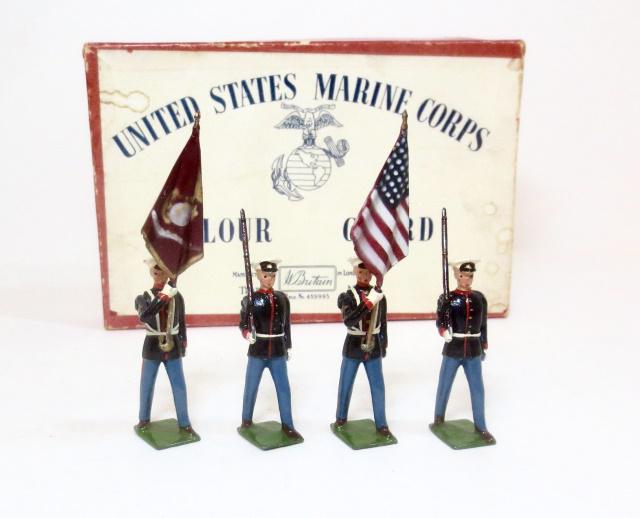 Britains #2101 U.S. Marine Corps Color Guard: Post war issue. 4 pieces. Mint to near mint condition. Box very good.