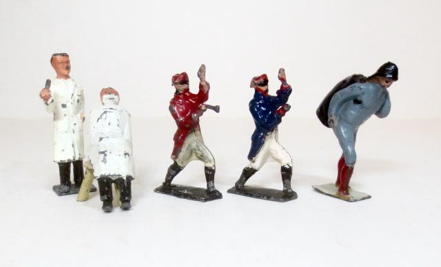 Crescent & Charbens Rarities: Barber & Customer on Stool, Dick Turpin in two color variants, and Coal Man with Sack. 6 pieces. Excellent to good condition (one Turpin missing pistol). Unboxed.
