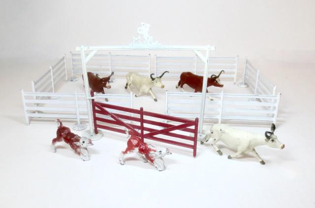 Manoil Ranch Corral and Gate: Plus Timpo Long Horn Steers, and Manoil Calves. 13 pieces. Near mint to excellent condition. Unboxed.