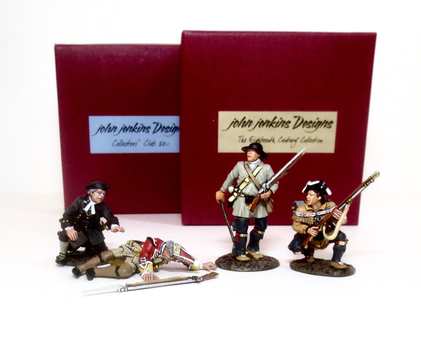 John Jenkins Battle on the Monongahela 1755: Chaplain Philip Hughes with Wounded Grenadier JJClub Set #6, and Civilian Wagoners #BAL01. 5 pieces. Mint condition. Boxes excellent.