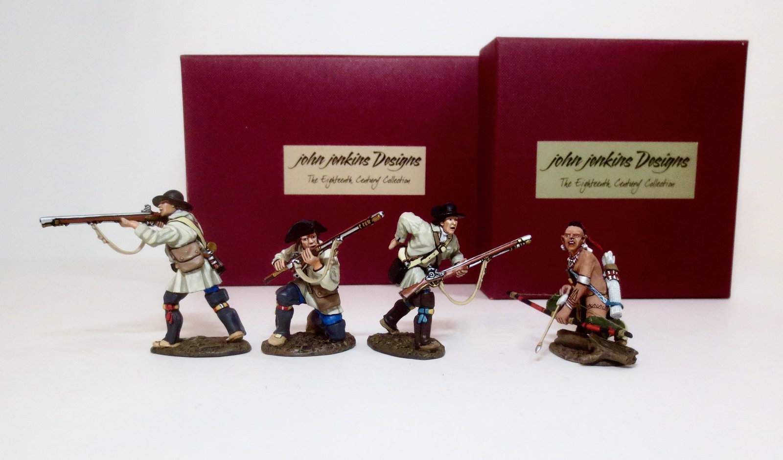 John Jenkins #VM04 Virginia Provencial Regiment: And Young Mohawk Warrior #RSF06. 4 pieces. Mint condition. Boxes excellent.