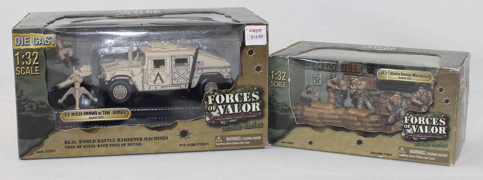 Forces of Valor Lot US Humvee and 24th Infantry: Kuwait, 1991. Lot includes United States Humvee with Tow and United States 24th Infantry Division. Die Cast. 1:32 Scale. 12 Pieces. Condition Mint in Box. Boxes Very Good. Old Sticky Labels Attached.