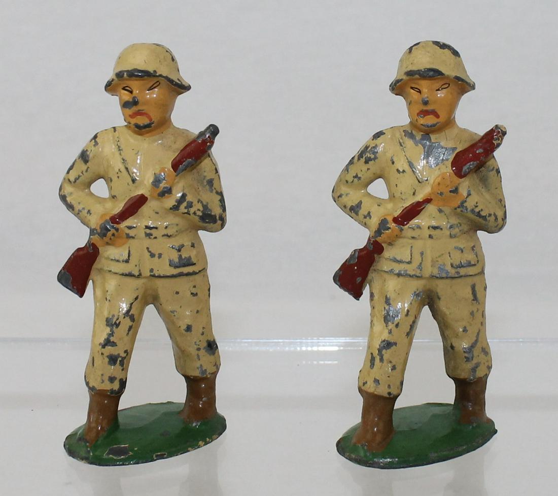 Barclay Lot Chinese Mongolian Riflemen: Dimestore Series. Lot includes 2 of #B46 Chinese or Mongolian Rifleman. Circa 1937. Scarce. 2 Pieces. Condition Fair. Rifle Barrels Broken. No Box.