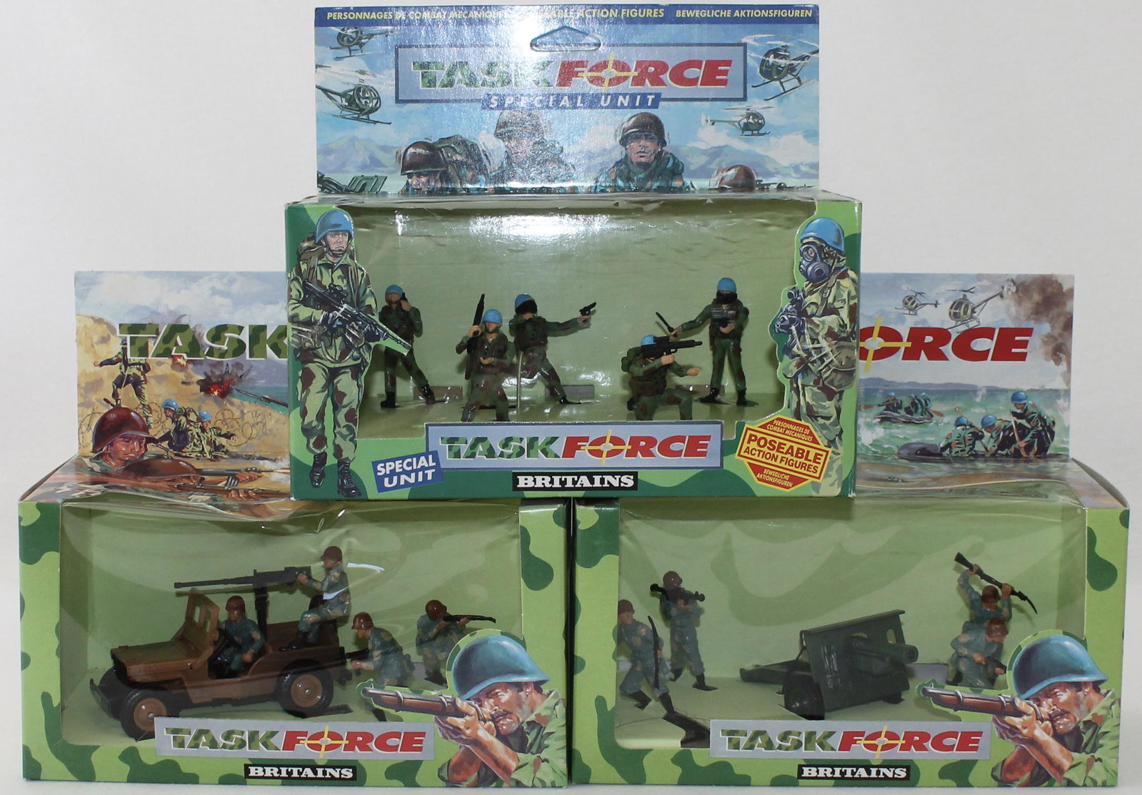 Britains Lot 25lb Gun Desert Storm Jeep: Task Force Series. Lot includes 24lbs Gun Set #7607, Desert Storm Jeep with Crew Set #7611 and Task Force Special Unit (Box A) Set #7613. 13 Pieces. Condition Mint in Box. Boxes Very Good to Excellent