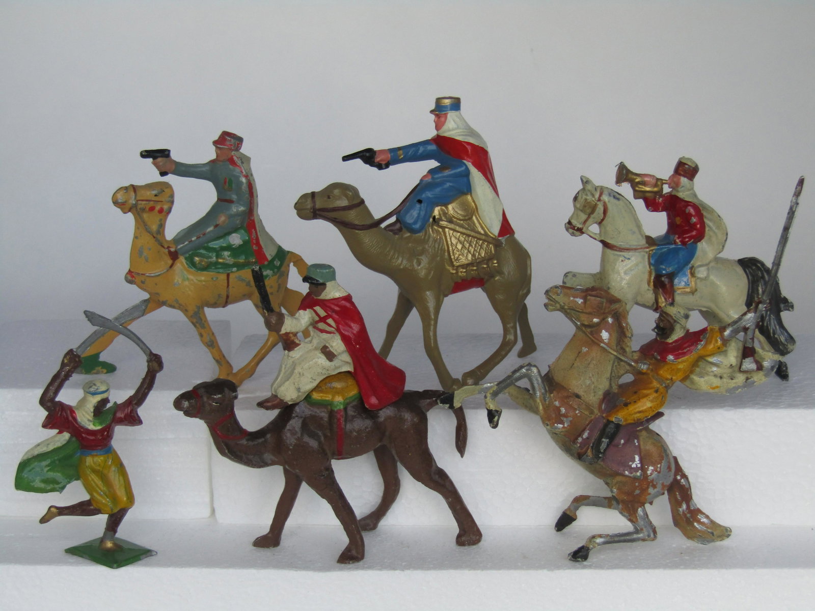 French Dimestore Colonials: 60mm metal troops on camels, horses and on foot. 6 pieces. Excellent Condition.