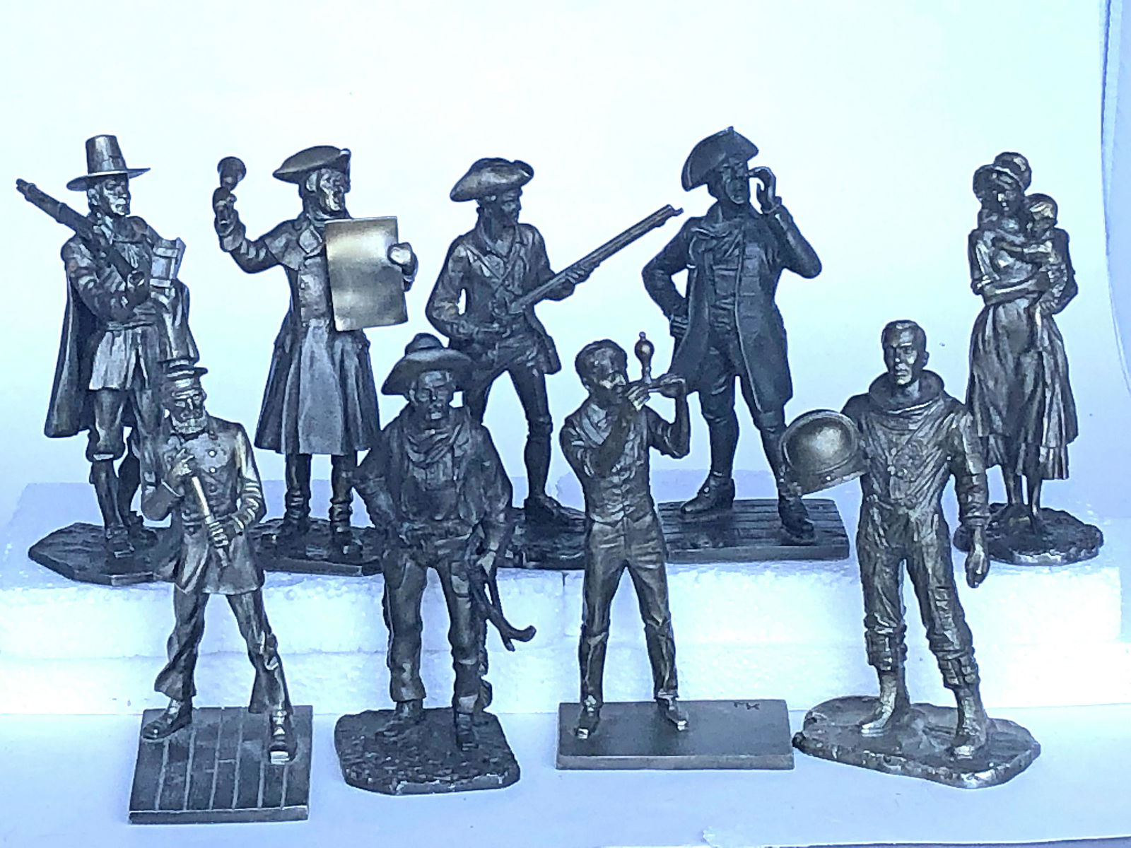 Danbury Mint Burnished Pewter Figures: Danbury Mint 10 cm fine (unpainted) burnished Pewter figures of "The American Spirit" from 1973. Ten different historical representations of American history, including The Pilgrim, The Town Crier, Th