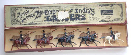 Britains Set # 100, 21st Empress of India's Lancer: Britains Set # 100, 21st Empress of India's Lancers with Original Printers Flowers Box. Pre War. 5 Pieces.