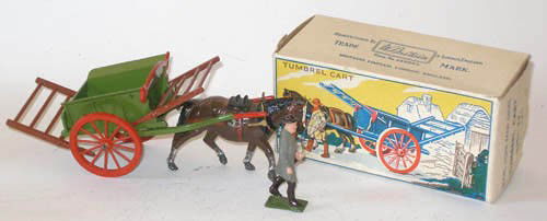 Britains Set # 4F Farm Tumbrel Cart, Green: Britains Set # 4F Farm Tumbrel Cart, Green with Original Color Illustrated Box and Carter. Post War.