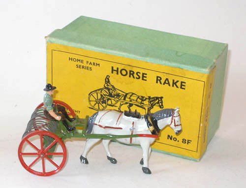 Britains # 8F Horse Drawn Farm Rake and Driver: Britains Set # 8F Horse Drawn Farm Rake and Driver with Original Illustrated Box. Post War.