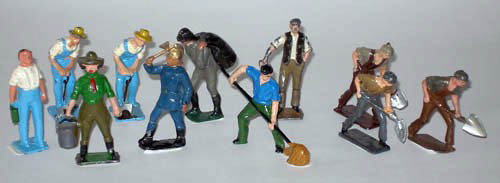Britains and other Civilians etc.: Britains and other Civilians Britains Navy with Shovel, Crescent 3 Road Workmen with Shovels, 2 Farmers digging, Gas Station Attendant with Oil Can, Fireman with Axe, Fylde land girl with Bucket, Timp