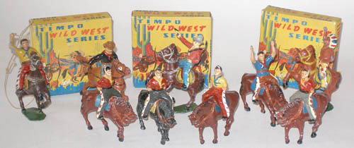 Timpo Mounted Cowboys and Indian: Timpo Mounted Cowboys and Indian with 3 Original Boxes. 4 Cowboy Prisoners, Cowboy with Hands Raised, Cowboy with Whip, Cowboy with Lasso, Cowboy with Pistol and Indian (Minus weapon). Post War. 9 Pie