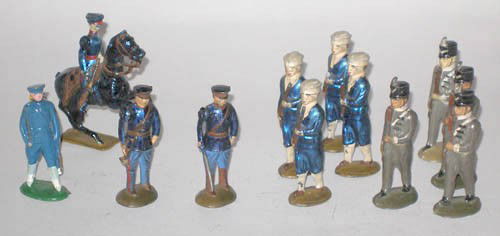 Theodore Hahn & Barclay Early Dimestores: Theodore Hahn & Barclay Early Dimestores. Mounted Officer in Blue. (Horses Leg Damaged) Officer and Bugler on Foot in Blue. 4 West Point Cadets, 4 Sailors (One Rifle Damaged) and a Barclay 54 mm Offic