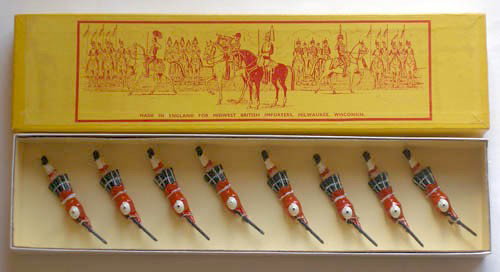 John Hill and Co Johillco Set # 103B Highlanders: John Hill and Company Johillco Set # 103B, Argyle and Sutherland Highlanders Lying Firing Tied in Original Midwest British Importer Box. Post War 8 Pieces.