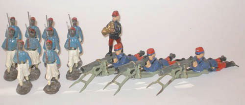 Lineol WWI French Line Machine Gunners & 3 Elastol: Lineol World War One French Line Infantry Machine Gunners -3 Elastolin 54 MM North African Troops at Slope and French Foreign Legion Bandsman. Pre War. 14 Pieces.