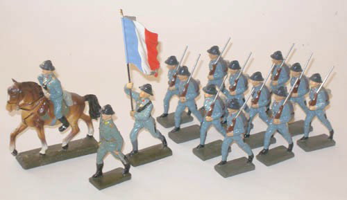 Lineol WWII French Marching At the Slope: Lineol World War Two. French Marching At the Slope with Mounted Officer, Standard Bearer and Officer on Foot. Pre War. 14 Pieces.