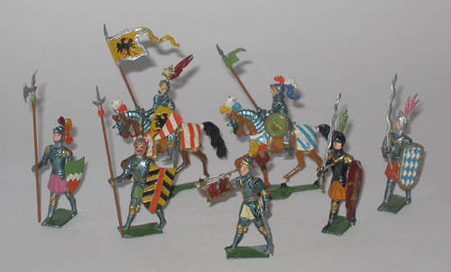 Haffner Medieval Knights: Haffner Medieval Knights 50 mm Scale, Mounted with Banner and Spear, Foot Knights with Spears and Swords & Herald. Pre War 7 Pieces. Unboxed.