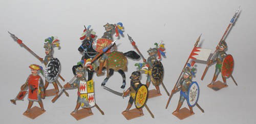 Haffner RARE Medieval Knights, 80 MM scale. : Haffner RARE Medieval Knights, 80 MM scale. Mounted Knight with Sword and Shield removable from Horse, VERY RARE HERALD with Tabard, Black Knight on foot with Sword and 5 Knights with Spears all with 