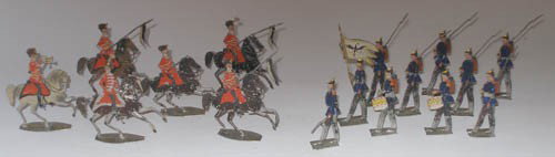 Allgeyer of Furth. Flats Lancers and Prussian Infa: Allgeyer of Furth. Flats Pre 1880 Mounted Prussian or German Hussars/Lancers with Officer and Trumpeter and Prussian Infantry with Officer, Drummers and Flag Bearer. 16 Pieces.